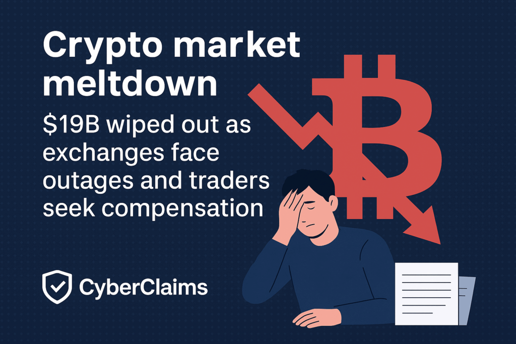 Graphic showing a man on a computer with the headline 'Crypto market meltdown: $19B wiped out as exchanges face outages and traders seek compensation'. CyberClaims logo is at the bottom.