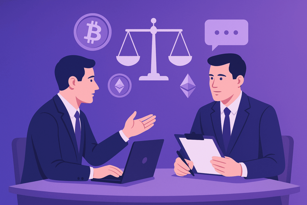 Illustration of two professionals in suits discussing crypto dispute resolution at a desk, with balance scales and cryptocurrency icons in the background, symbolizing fairness and blockchain investigation in a purple-blue theme.