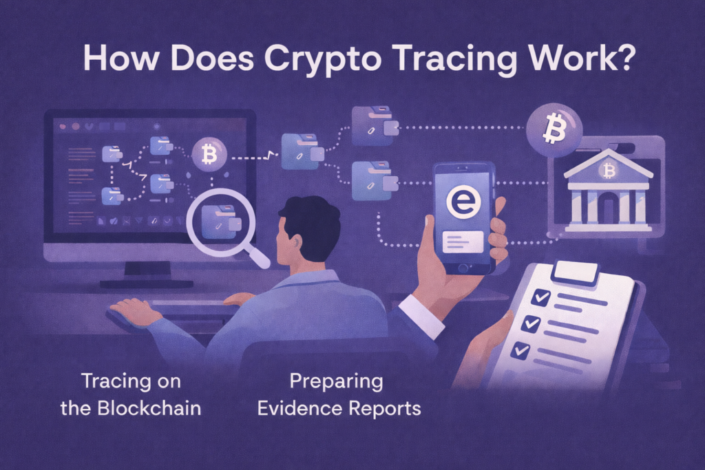 Illustration showing how crypto tracing follows blockchain transactions from a victim’s wallet through multiple wallets and platforms, with a blockchain analysis screen, transaction paths, and evidence review on a purple background.
