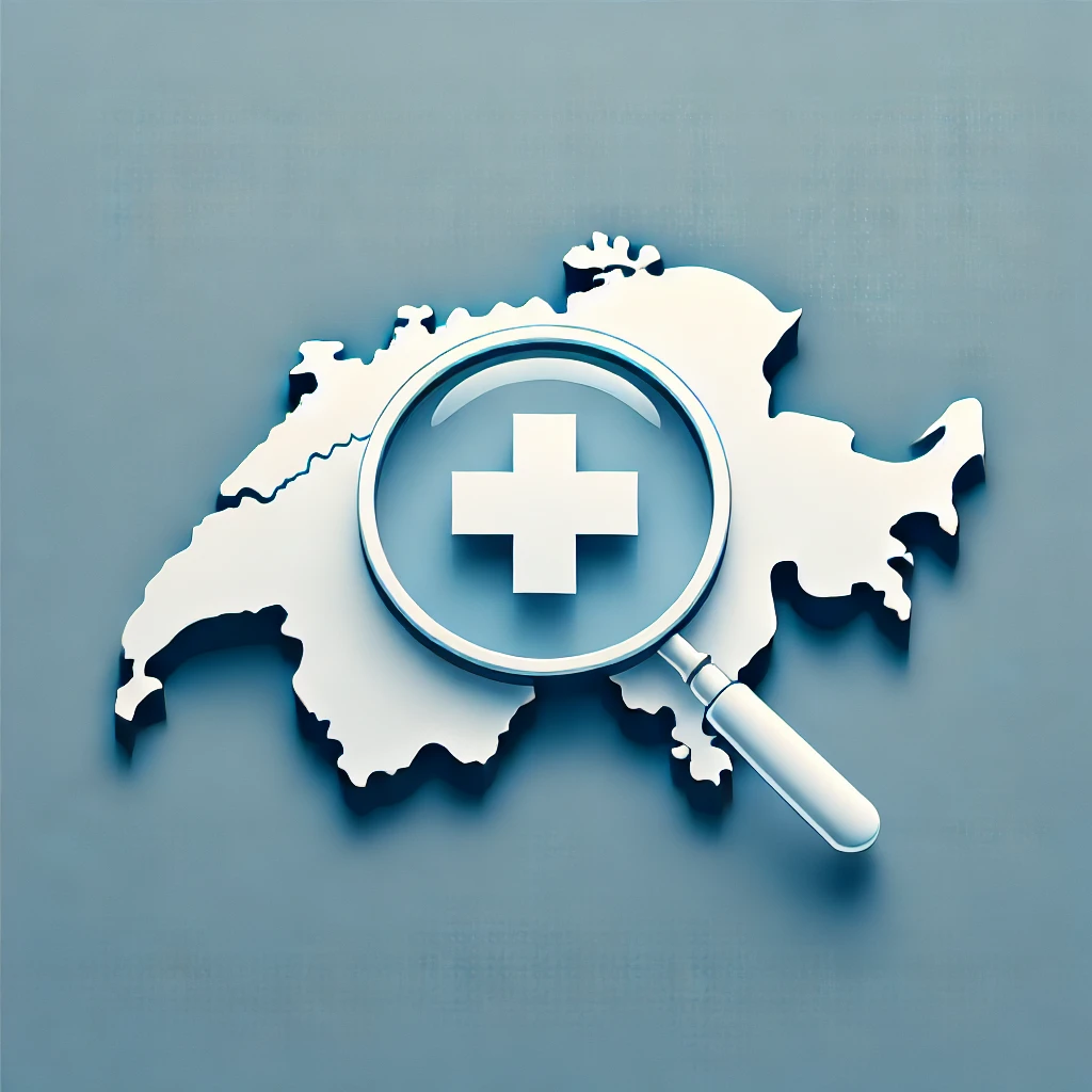 Minimalistic design featuring the map of Switzerland with a magnifying glass overlay, symbolizing security and scam recovery services in a blue and white color scheme.