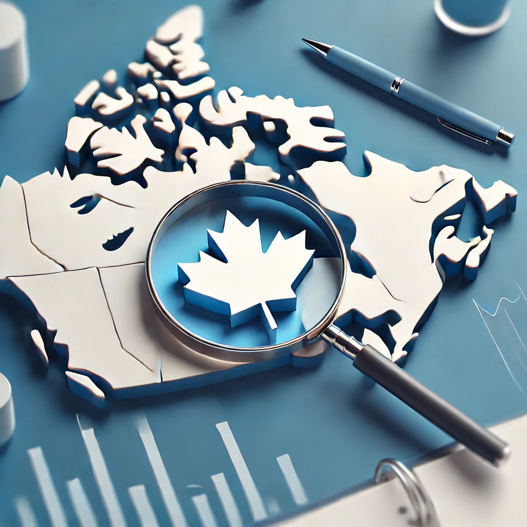 A clean, modern design featuring the map of Canada with a magnifying glass overlay, symbolizing scam recovery and financial investigation, in a blue and white color scheme