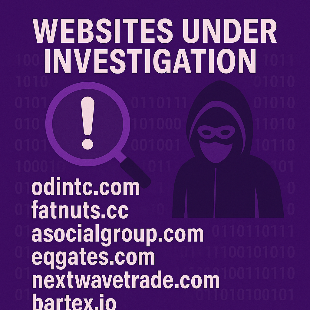 Purple digital poster with the title “Websites Under Investigation.” A magnifying glass with an exclamation mark and a hooded figure appear in the background. Below, six domain names are listed in bold white text: odintc.com, fatnuts.cc, asocialgroup.com, eqgates.com, nextwavetrade.com, and bartex.io.