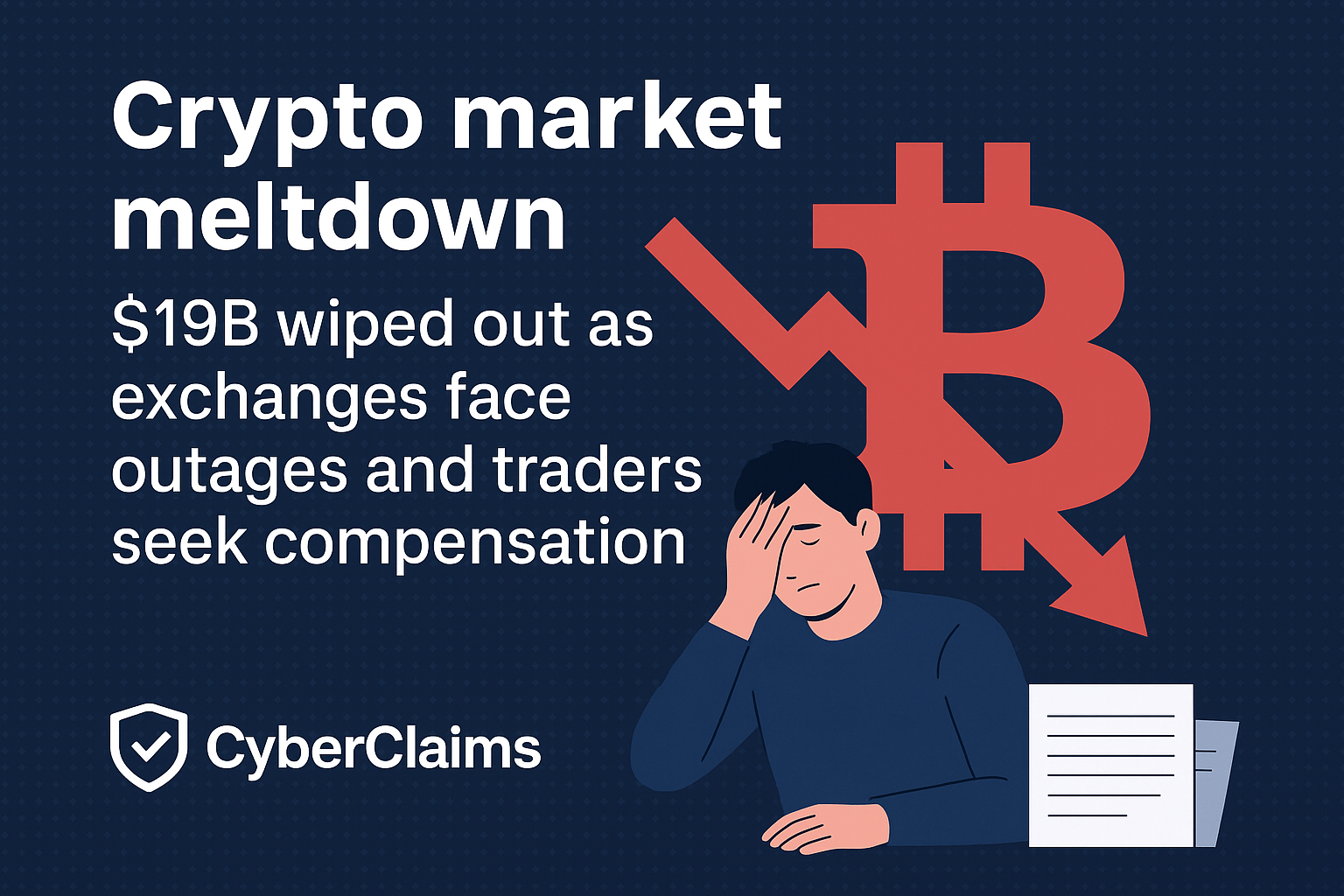 Graphic showing a man on a computer with the headline 'Crypto market meltdown: $19B wiped out as exchanges face outages and traders seek compensation'. CyberClaims logo is at the bottom.