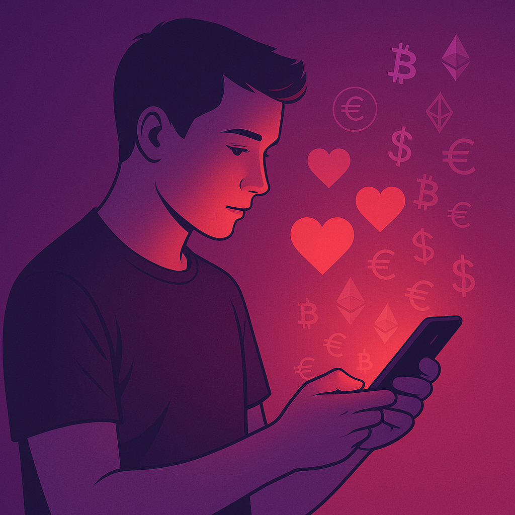 Illustration of a young man looking at his phone glowing red, with floating hearts turning into cryptocurrency symbols like Bitcoin and Ethereum, representing romance and crypto scams on a purple-red background.